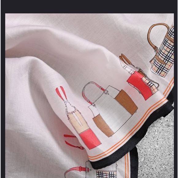 Burberry Scarf w/pattern of Burberry Bags, white/red/black, EUC - Picture 4 of 11